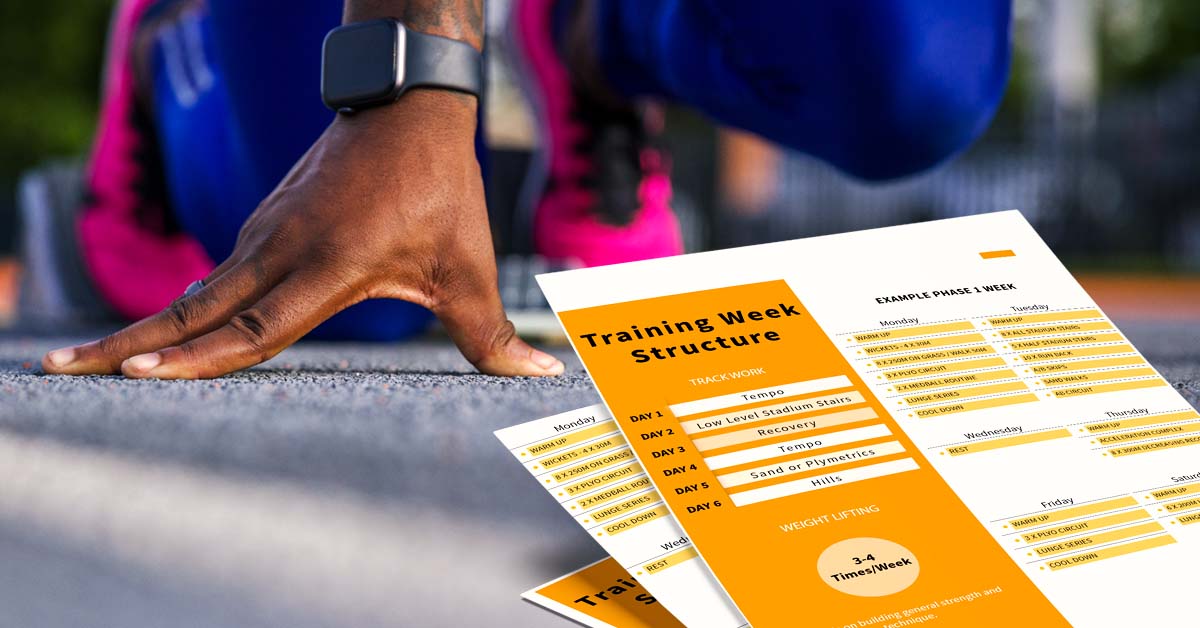 pages of a sprint training program on a track with a sprinter in the background