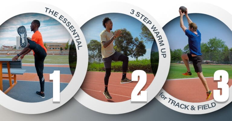 Graphic of athletes demonstrating the 3-step track and field warm up. Warm up for sprinters, hurdlers, high jump, triple jump, and long jump.