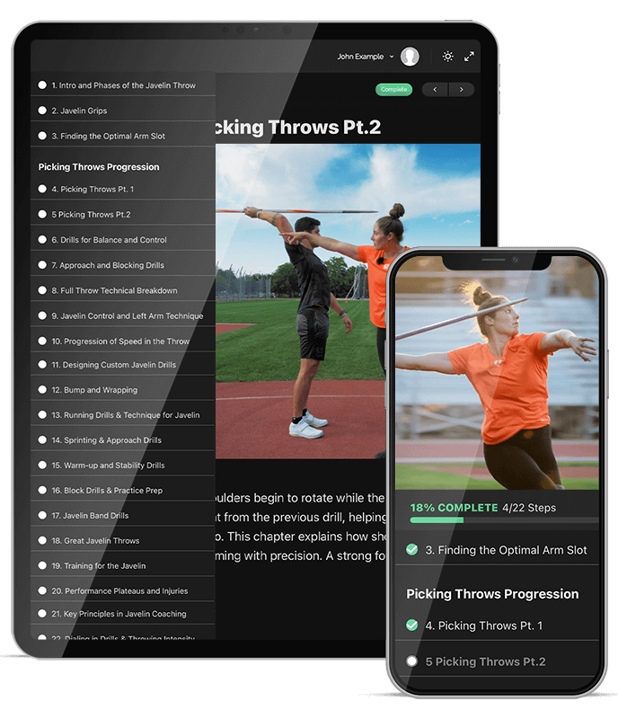 Smarter Javelin online course with Kara Winger, showing mobile and desktop training access through Outperform