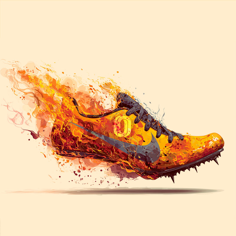 A graphic illustration of a track and field spike engulfed in flames, symbolizing training in the summer heat
