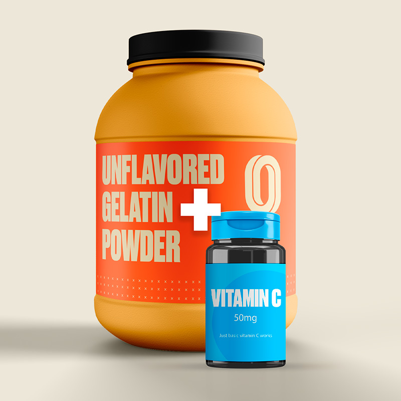 Infographic showing the 60-minute collagen protocol: 15g gelatin plus 50mg vitamin C taken 60 minutes before tendon training to double collagen synthesis