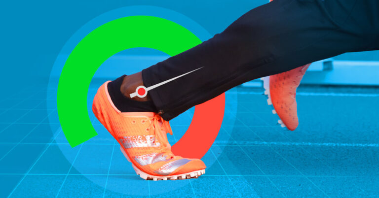 A close-up of a sprinter's foot during acceleration with a biomechanical gauge illustrating the immense force and tension on the Achilles tendon, a key focus of tendon training.