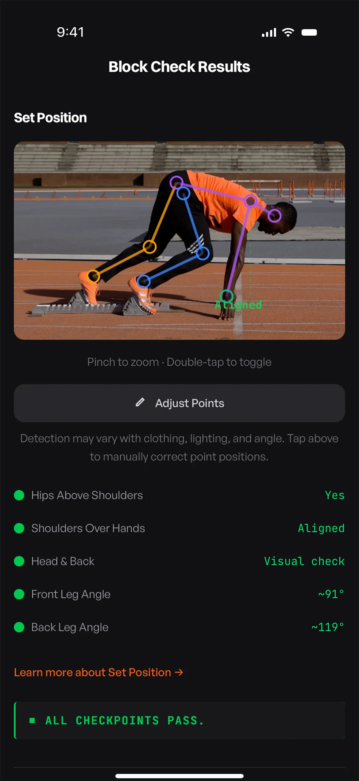 Block start position check using Apple Vision pose detection with traffic-light grading on shin angle, hip projection, and shoulder alignment