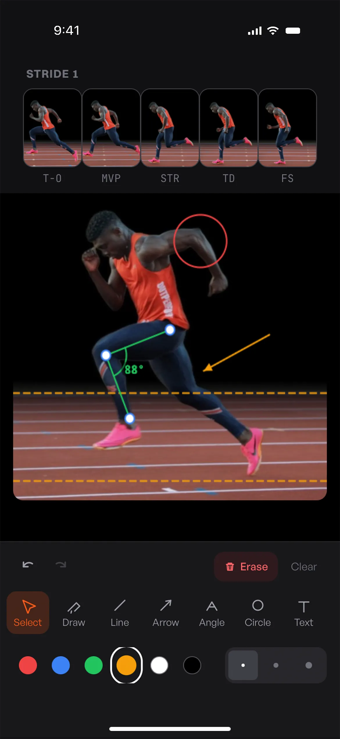 Sprint kinogram builder showing five frames of a stride from toe-off through full support with joint angle annotations