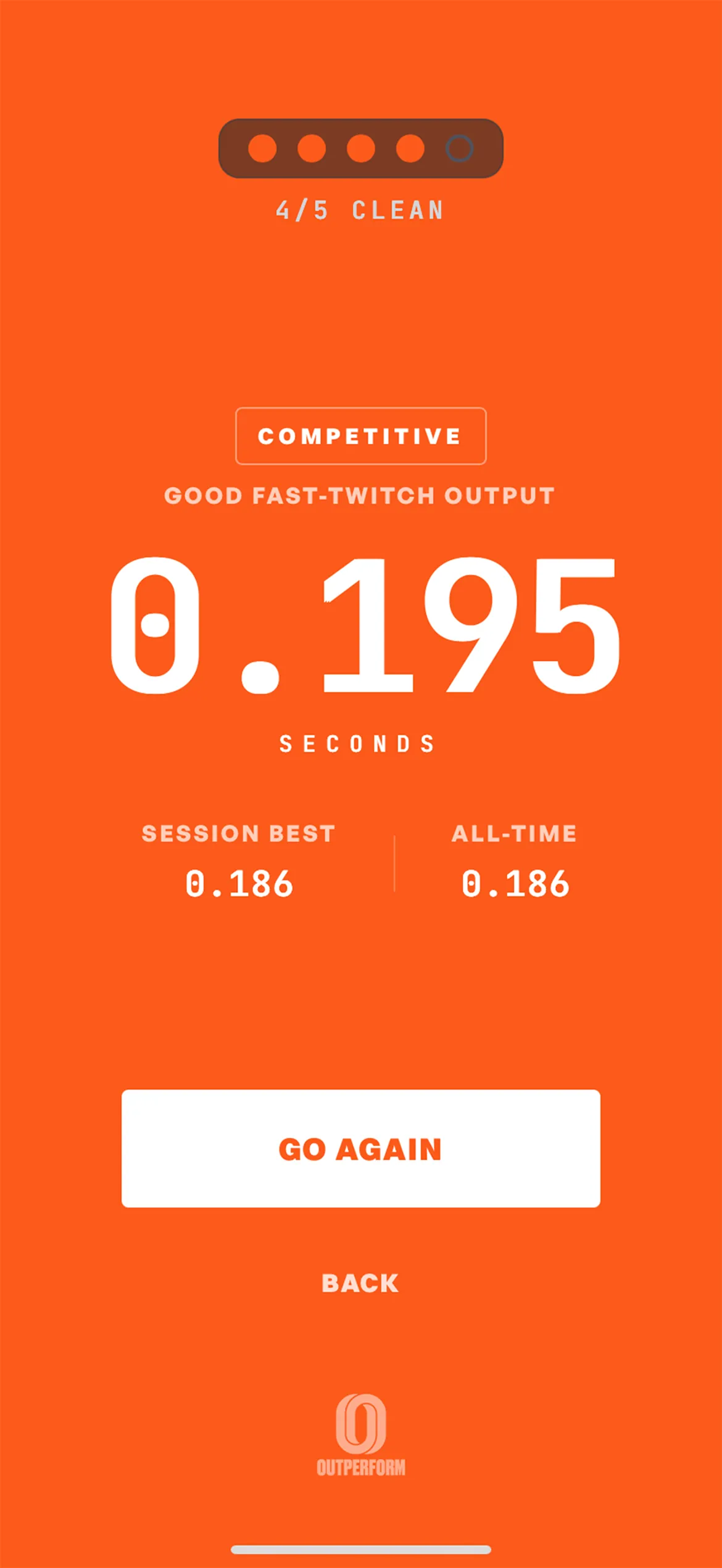 Sprinting reaction time test result showing the most recent reaction time, current best, and tier ranking against elite athlete benchmarks