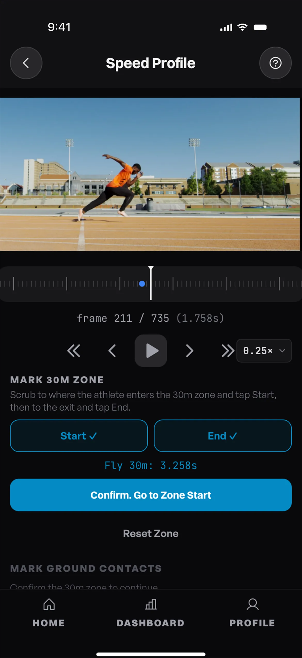 Frame-by-frame video review in Outperform Motion with the frame counter and step controls