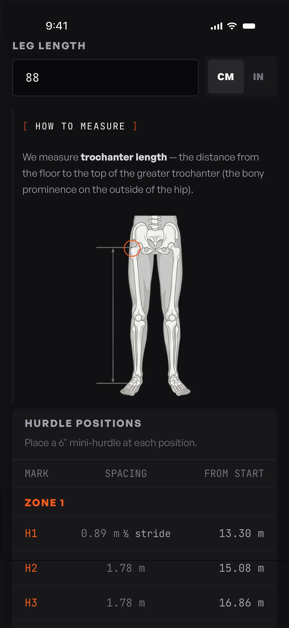 Wickets spacing calculator showing custom hurdle positions calculated from athlete leg length and max velocity tier