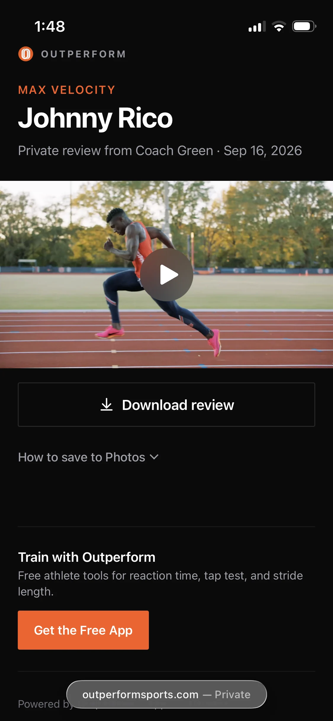 The private review page in Safari: athlete name, the coach’s review video, and a save button
