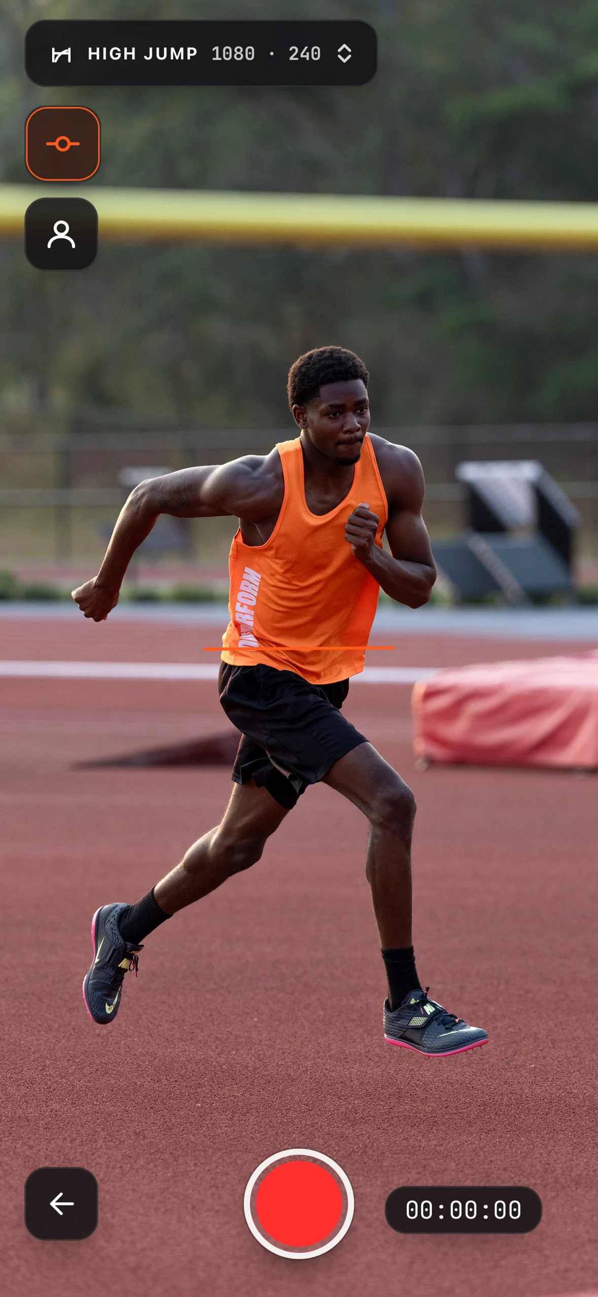 High Jump filming mode, the athlete framed on the approach and ready to record