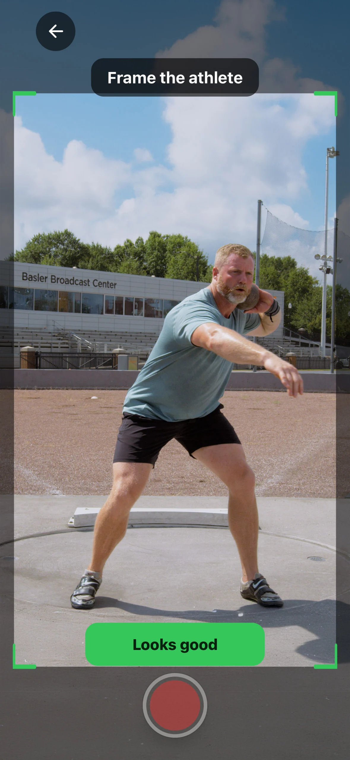 Shot Put filming mode with the athlete framed and the guide reading Looks good