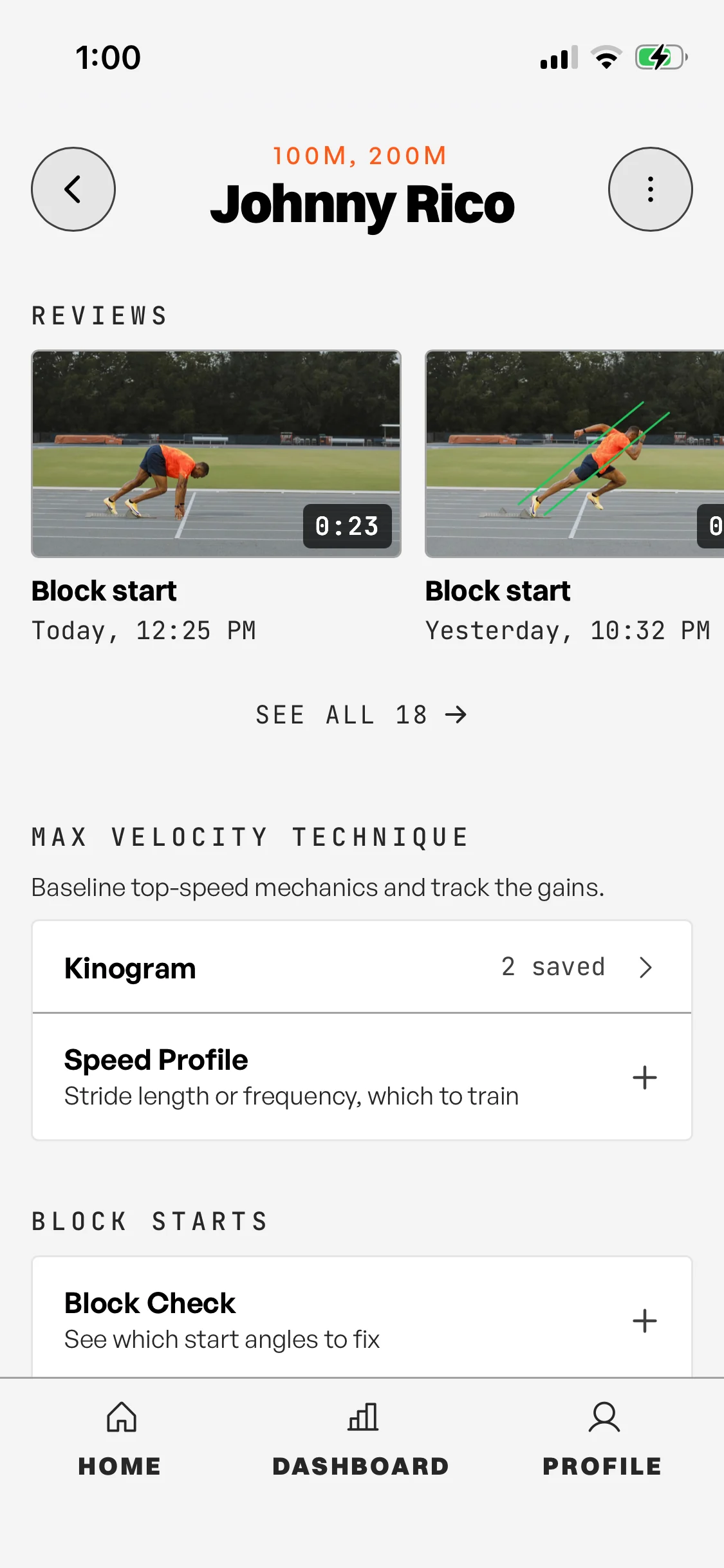 An athlete’s profile: recent block start reviews, saved kinograms, speed profile and block check